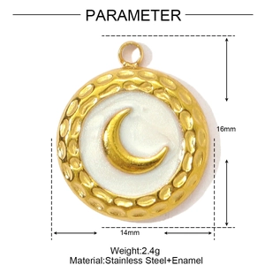 Macro view of 16mm stainless steel moon pendant with enamel inlay and hammered texture