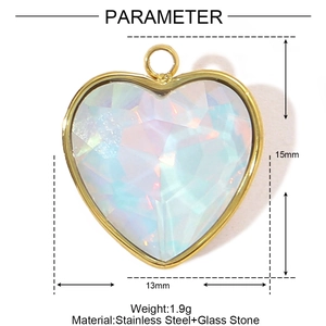 Detailed size map of gold heart pendant 15mm by 13mm made of stainless steel and glass