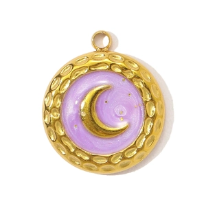 Detail of round gold pendant with purple enamel inlay and golden crescent moon charm