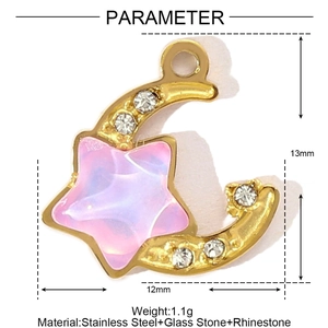 Macro detail of star and crescent pendant with dimensions and stainless steel material info