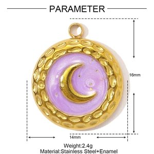 Detailed size parameter view of crescent moon pendant in purple enamel and stainless steel