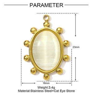 Macro view of gold stainless steel oval pendant featuring a white cat eye stone center