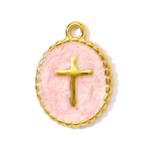 Pink enamel round cross pendant in gold stainless steel frame for DIY jewelry making