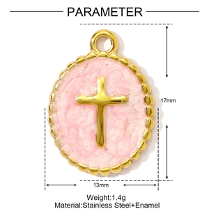 Detailed view of round gold stainless steel cross pendant with pink enamel and size dimensions