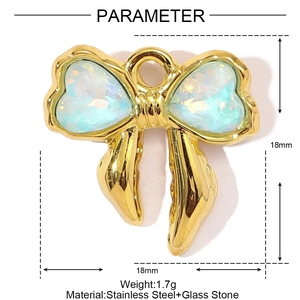 Detailed size chart for golden stainless steel bow pendant with heart-shaped glass stones