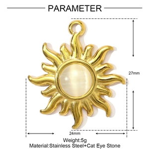 Detailed parameter view showing golden sun pendant size 27x24mm in stainless steel