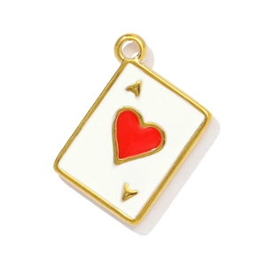 Close-up of Ace of Hearts poker card pendant with red enamel and gold-plated finish