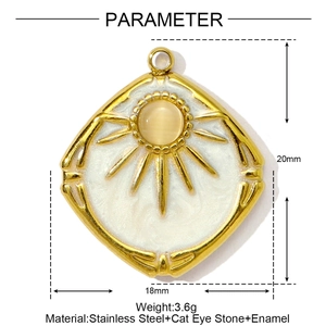 Detailed size specifications for a gold stainless steel cat eye stone rhombus pendant