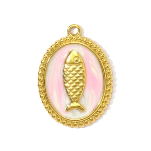 Goldener Edelstahl-Ovalanhänger mit Fischmotiv und rosa Marmor-Emaille für DIY-Schmuck