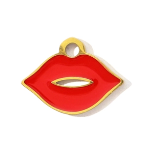 Detail of red enamel lips charm with gold plating and hollow center for jewelry making