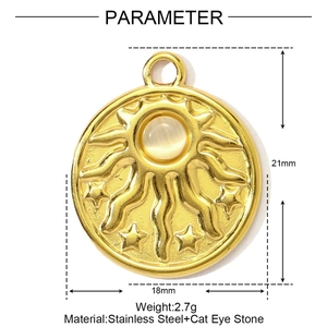 Detailed view of 18mm gold stainless steel coin pendant with opal and sunburst pattern