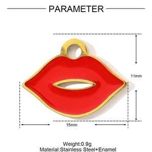 Detailed view of a red lip enamel charm for necklaces with dimensions 15mm by 11mm