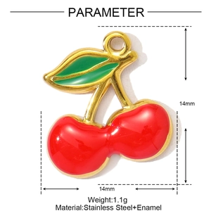 Detail view of 14mm red enamel cherry charm made of stainless steel with gold edges