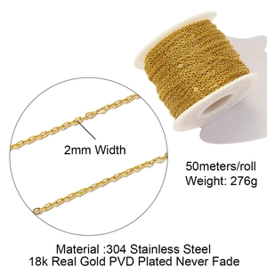 Detailansicht der 2mm 18K Gold PVD-beschichteten 304 Edelstahlkette auf 50m Rolle