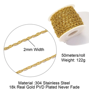50m Rolle 18k PVD vergoldete 304 Edelstahlkette 2mm für die DIY Schmuckherstellung