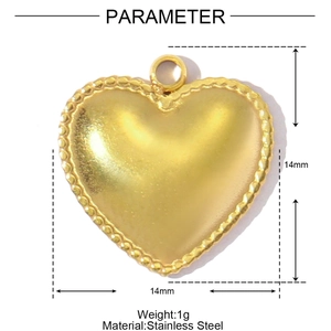 Detailed dimension view of the 14mm matte gold heart-shaped stainless steel pendant