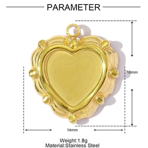 Technical drawing of 16mm golden stainless steel heart charm with wavy texture and dimensions