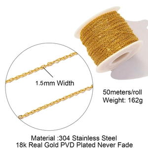50m Rolle 1,5mm 18K Gold PVD-beschichtete 304 Edelstahl Gliederkette für DIY-Schmuck