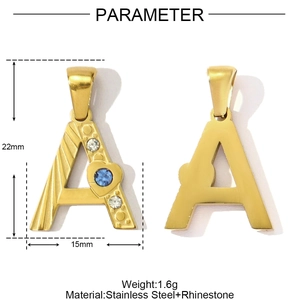 Goldener Edelstahl-Buchstabe-A-Anhänger mit blauem Herz-Strass und Kristall-Akzenten