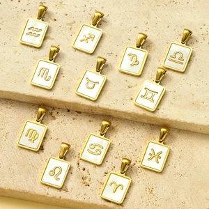 French vintage stainless steel zodiac necklace pendants with white shell inlay set
