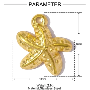 Macro-detail van 18mm gouden zeester-hanger van roestvrij staal met textuur en afmetingen