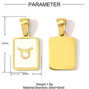 Gold stainless steel Taurus zodiac pendant with white shell inlay, front and back views