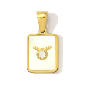 Detail shot of a golden Taurus zodiac square pendant with white shell inlay for women