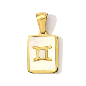 Detail of a square gold titanium steel pendant with white shell and Gemini zodiac sign