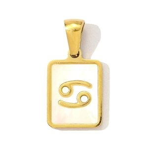 Detail of square gold titanium pendant with white shell and Cancer zodiac sign engraving