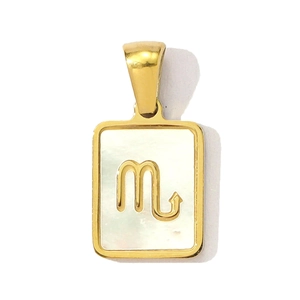 Scorpio zodiac pendant with white shell inlay in golden stainless steel frame