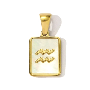 Macro shot of Aquarius constellation pendant with gold frame and mother of pearl inlay