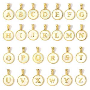 Round Stainless Steel Mother Of Artificial Pearl Letter Pendant For Women DIY Jewelry Making Gold Plated Alphabet A-Z Charm Only