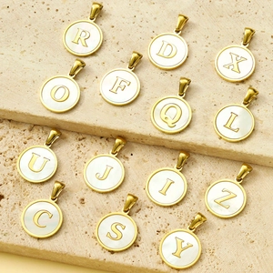 Gold plated stainless steel round shell pendant with personalized English letter charms