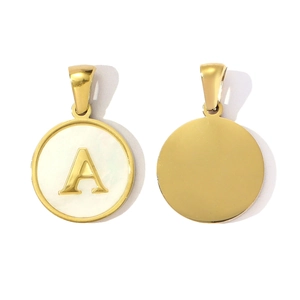 Detailed front and back view of a round gold stainless steel shell pendant with letter A