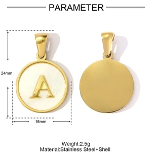 Gold stainless steel round shell pendant with letter A shown in front and back views