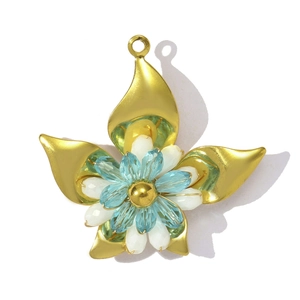 Close-up of a handmade crystal beaded flower pendant in gold stainless steel finish