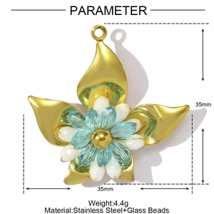 Detail of flower pendant featuring sky blue glass beads and 35mm stainless steel base