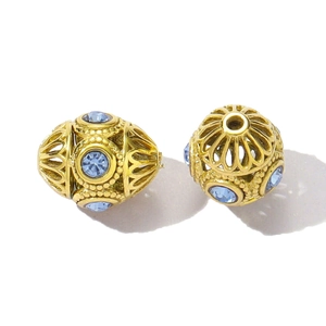 Perle dorate traforate con cristalli azzurri per collane e braccialetti fai da te
