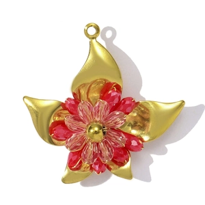 Detailed view of handmade crystal beaded flower pendant with red beads and golden metal leaves