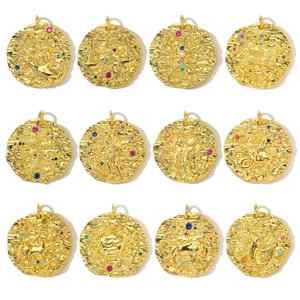 Zodiac Constellation Round Coin Pendant Only Without Chain Copper Zircon Hammered Relief Aries Leo Jewelry Making Pendant