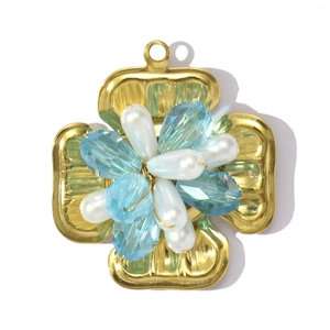 Golden flower pendant necklace with blue crystals and pearls for women's jewelry
