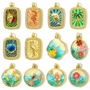 Pendentif en Zirconia Émaillé Vintage pour Création de Collier Charme en Cuivre Plaqué Or Sans Chaîne Fleur Oiseau Bijoux Femme Cadeau