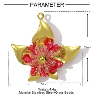 35mm gold stainless steel flower pendant featuring red glass beads and detailed dimensions