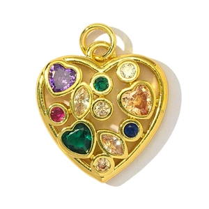 Golden heart pendant featuring colorful zircon stones and intricate openwork design