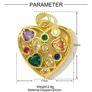 Macro view of heart pendant with colorful zircon stones and gold-plated copper frame