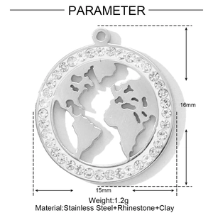 Détails du pendentif carte du monde en acier inoxydable avec strass et dimensions exactes
