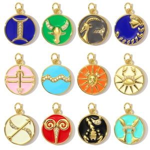Gold Plated Copper Zodiac Constellation Round Enamel Pendant Cubic Zirconia DIY Jewelry Making Charm Accessory Women