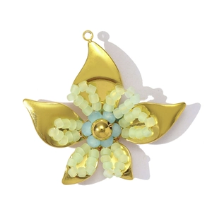 Handmade beaded flower pendant in gold stainless steel with pastel blue and yellow beads
