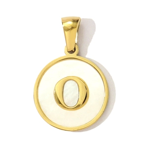 Detail of a round shell letter O pendant in gold stainless steel with mother of pearl inlay