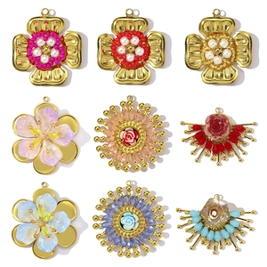 Pendentif Fleur en Acier Inoxydable Vintage Français Perles de Cristal Rose Fait Main Charme pour Création de Bijoux DIY